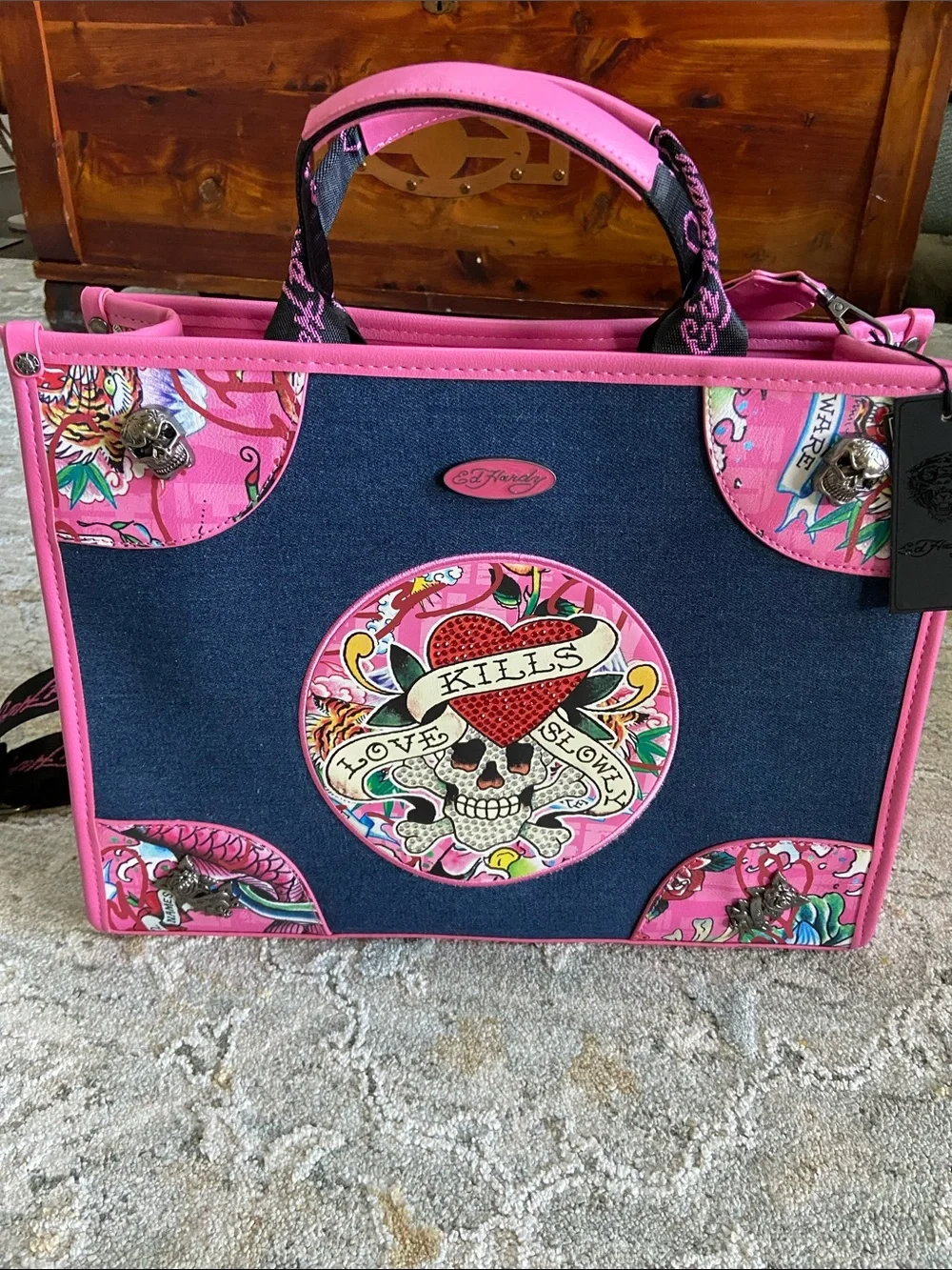 Ed Hardy Pink and Denim SatchelTote with Rhinestone Skull Heart Graphic